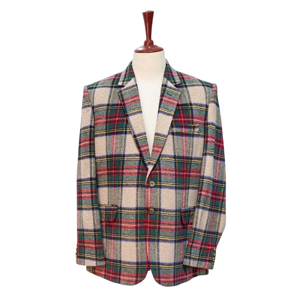 Mens Wool Sport Coat 44R Cream Red Tartan Plaid Blazer 2 Button Wedding Party